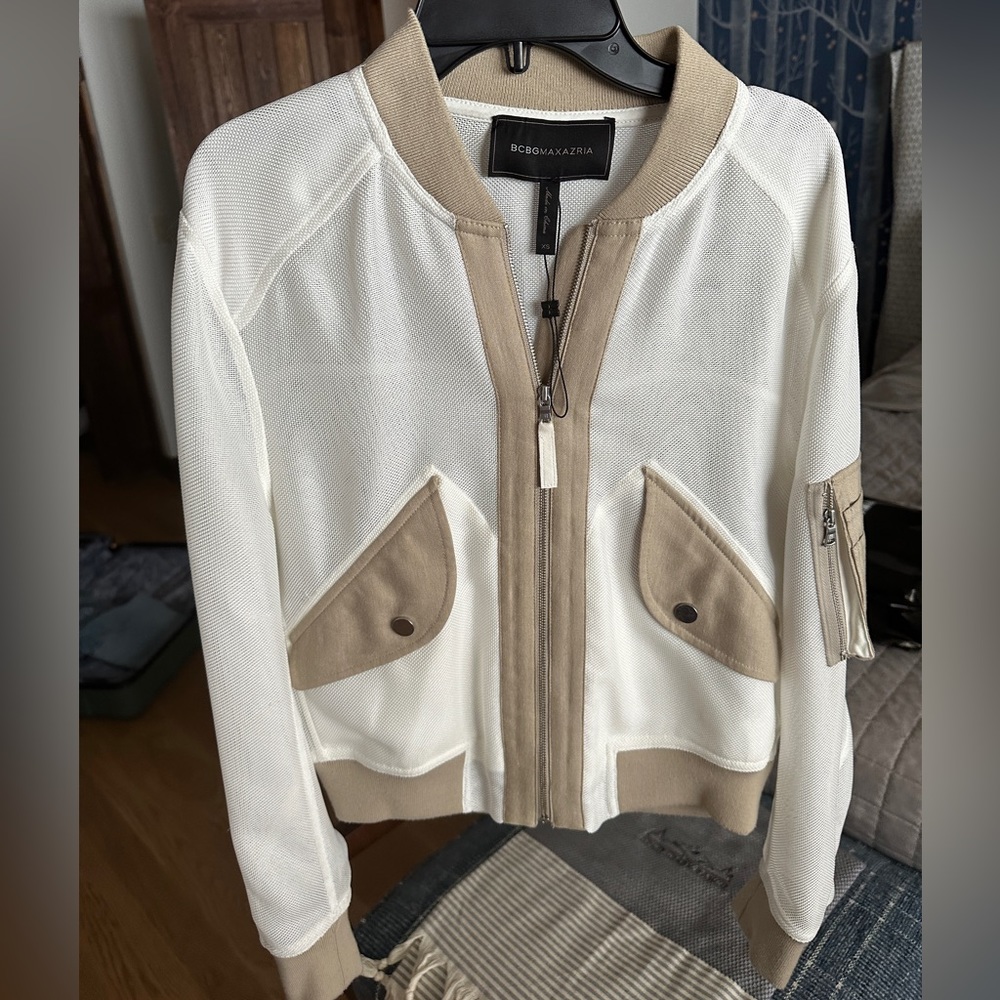 BCBG Max Azria White and Tan Mesh Zip Jacket